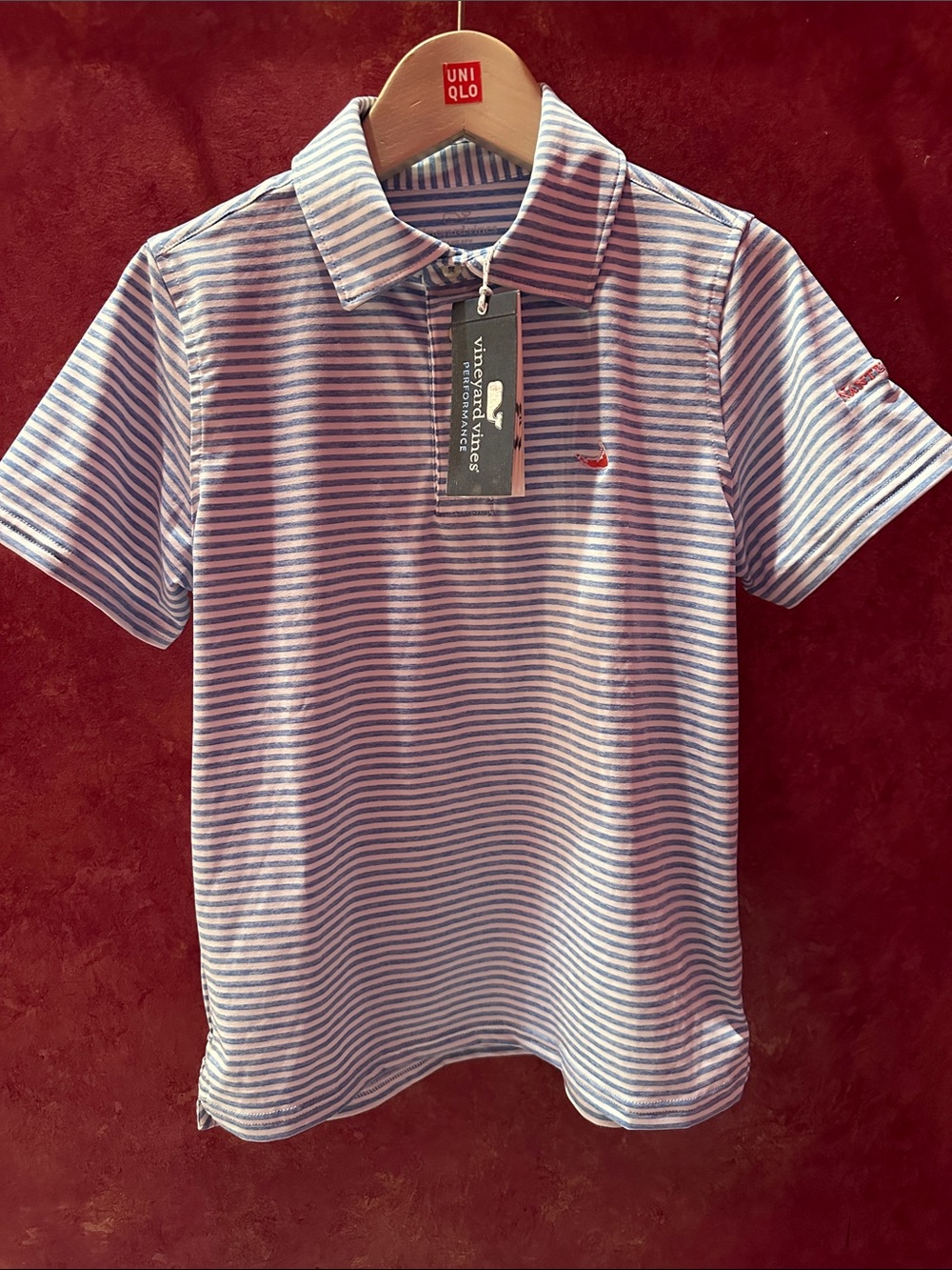 Boys Performance Polo Light Blue and White Striped Polo Ocean Breeze S(8-10)